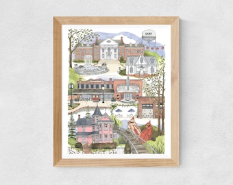 Impresión artística en acuarela de Cary, Carolina del Norte // Inauguración de una casa • Regalo de graduación • Regalo de mudanza • Regalo de cierre • Recuerdo • Impresión de la ciudad