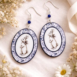 Vintage Toile Bunny Oval Frame Earrnings SVG | Heirloom Rabbit Earring Laser File | CO2 Acrylic + Diode Wood Friendly | Digital Download