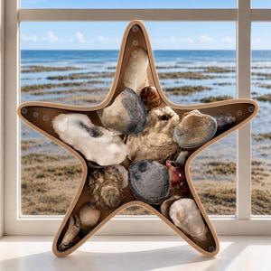 May include: A star-shaped decorative tray with a light tan border, filled with a collection of various seashells and oyster shells in shades of white, gray, brown, and tan, arranged to fill the interior space of the star-shaped container.