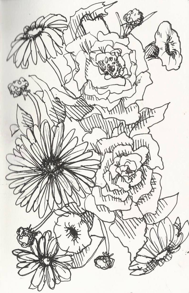 Floral hand-drawn coloring page | Etsy