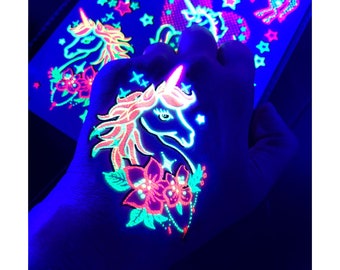 UV Glow in the Dark Party Tattoos- Unicorn Temporary Blacklight Rave Accessories Semipermantent Cover up Sleeve Festival Henna Flower Tattoo