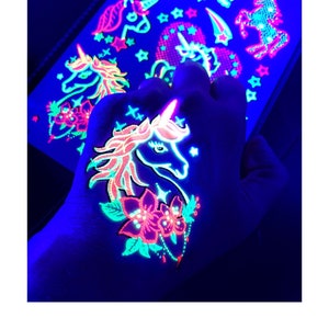 UV Glow in the Dark Party Tattoos- Unicorn Temporary Blacklight Rave Accessories Semipermantent Cover up Sleeve Festival Henna Flower Tattoo