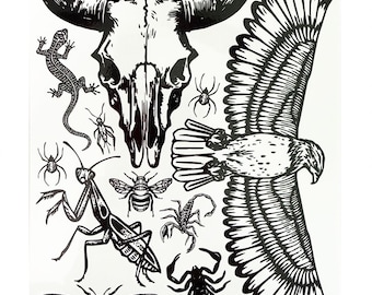 Temporary Tattoos – Hawk, Eagle, Snake, Lotus, Butterfly Designs (Sheet)