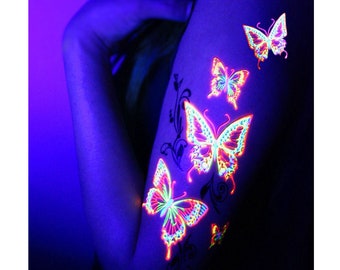 UV Blacklight Reactive Glow in the Dark Party Tattoos- Butterflies Temporary Rave Accessories Cover up Sleeve Festival Henna Tattoo