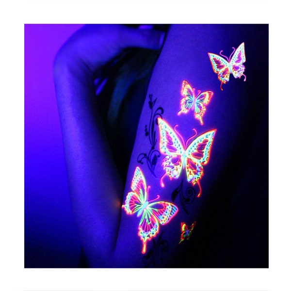 UV Blacklight Reactive Glow in the Dark Party Tattoos- Butterflies Temporary Rave Accessories Cover up Sleeve Festival Henna Tattoo