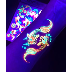 UV Reactive Tattoos- Koi Fish Yin and Yang Temporary Blacklight Rave Accessories Cover up Sleeve Festival Henna Flower Tattoo