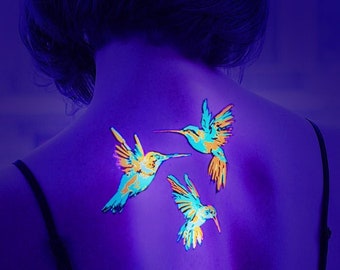 UV Blacklight Reactive Tattoos- Hummingbird Temporary Rave Accessories Cover up Sleeve Festival Henna Dove Tattoo