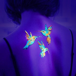 UV Blacklight Reactive Tattoos- Hummingbird Temporary Rave Accessories Cover up Sleeve Festival Henna Dove Tattoo