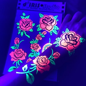 UV Glow in the Dark Party Tattoos- Rose Temporary Blacklight Rave Accessories Semipermantent Cover up Sleeve Festival Henna Tattoo