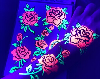UV Glow in the Dark Party Tattoos- Rose Temporary Blacklight Rave Accessories Semipermantent Cover up Sleeve Festival Henna Tattoo