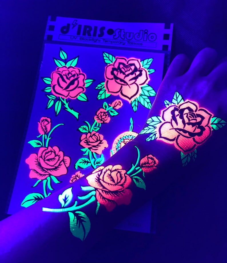 UV Glow in the Dark Party Tattoos Rose Temporary Blacklight Rave Accessories Semipermantent Cover up Sleeve Festival Henna Tattoo image 1