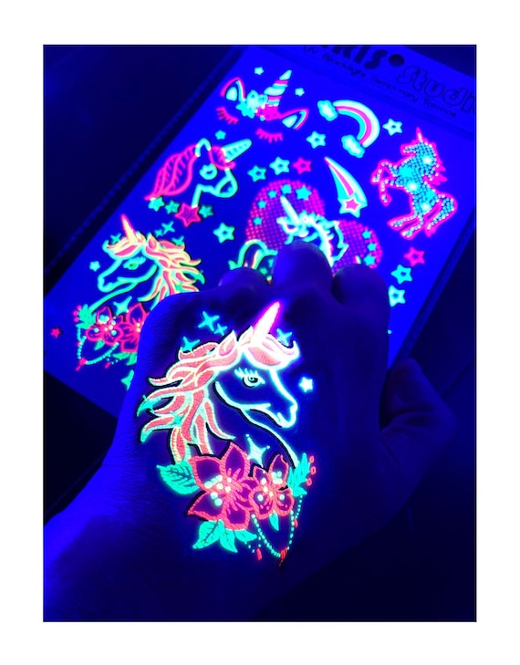 UV Glow in the Dark Party Tattoos Unicorn Temporary Blacklight Rave  Accessories Semipermantent Cover up Sleeve Festival Henna Flower Tattoo 