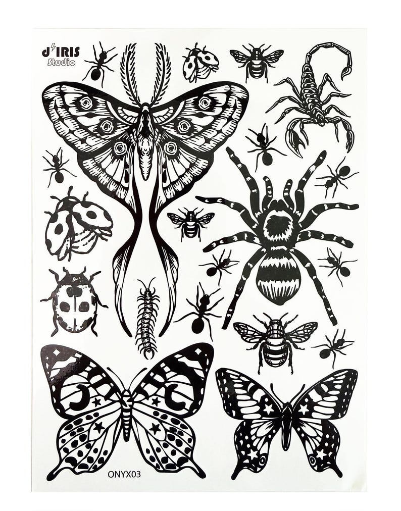 May include: A sheet of black and white temporary tattoos featuring various insects and arachnids, including a large moth, a spider, a scorpion, butterflies, ladybugs, bees, and ants. The text J IRIS Studio and ONYX03 are printed on the sheet.