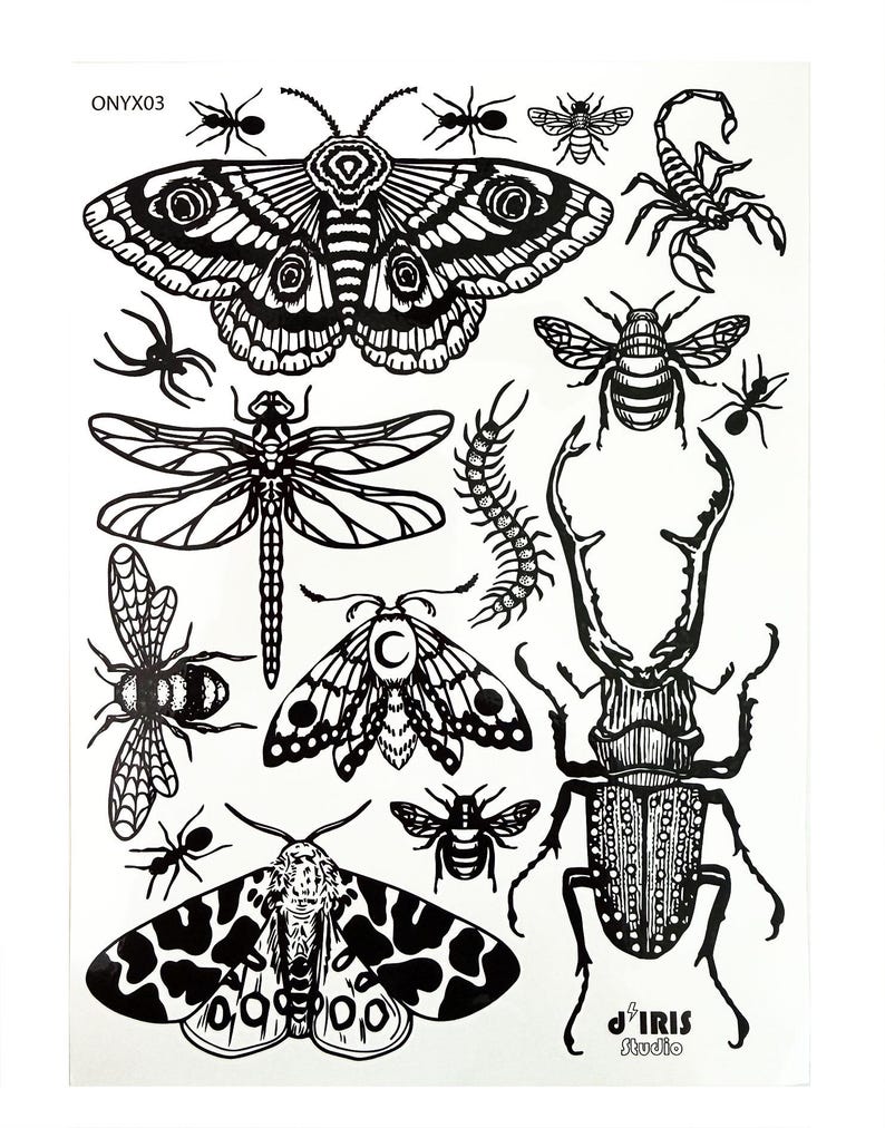 May include: A sheet of black and white temporary tattoos featuring various insects including a large moth, a dragonfly, a stag beetle, a scorpion, bees, ants, and a centipede. The text ONYX03 appears in the top left and J IRIS Studio in the bottom right.