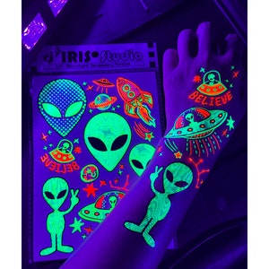 UV Glow in the Dark Party Tattoos- Alien UFO Temporary Blacklight Rave Accessories Cover up Sleeve Festival Henna Flower Tattoo
