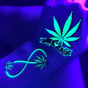 UV Glow in the Dark Party Tattoos- Cannabis Marijuana Temporary Blacklight Rave Festival Henna Tattoo