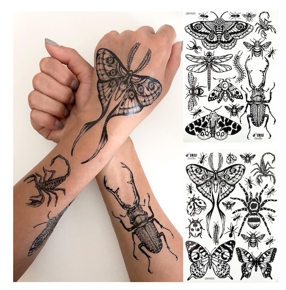 Temporary Tattoos- 2 Sheets - Moth Beetle Scorpion Bee Dragonfly Insect Tattoos