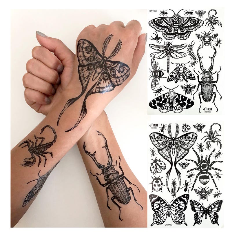 May include: A sheet of black and white temporary tattoos featuring various insects and arachnids including moths, butterflies, a scorpion, a beetle, a spider, and bees. The designs are shown applied to skin, displaying a moth, scorpion, and beetle.