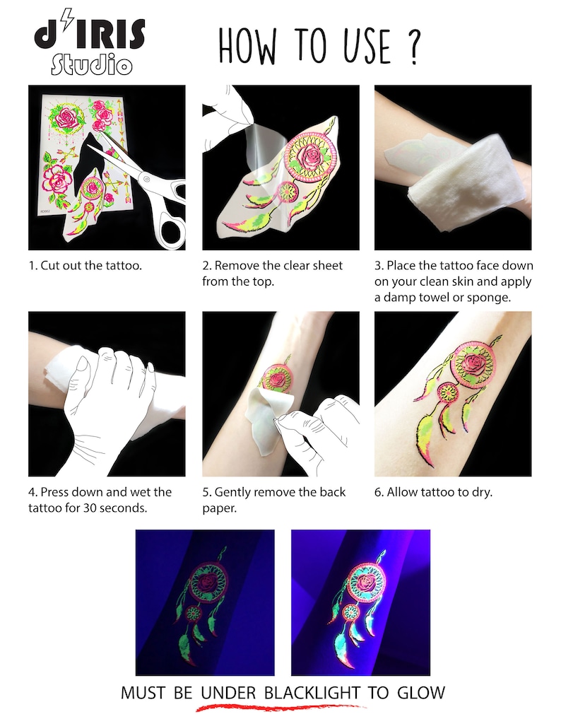 UV Glow in the Dark Party Tattoos Mermaid Dolphin Temporary Blacklight Rave Accessories Cover up Sleeve Festival Henna Star Tattoo image 8