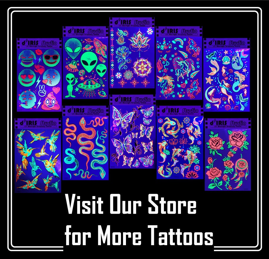 10 Hojas De Tatuajes Temporales Fluorescentes Que Brillan Con Luz UV – Motivos Variados – Seguros Para Adultos Y Niños
