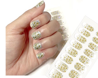 White Gold -Self-Adhesive DIY Art Full Nail Wraps Stickers with Holographic and Gold Color Stones Nail Polish Strips For Women and Girls