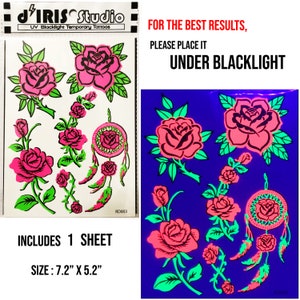 UV Glow in the Dark Party Tattoos Rose Temporary Blacklight Rave Accessories Semipermantent Cover up Sleeve Festival Henna Tattoo image 7