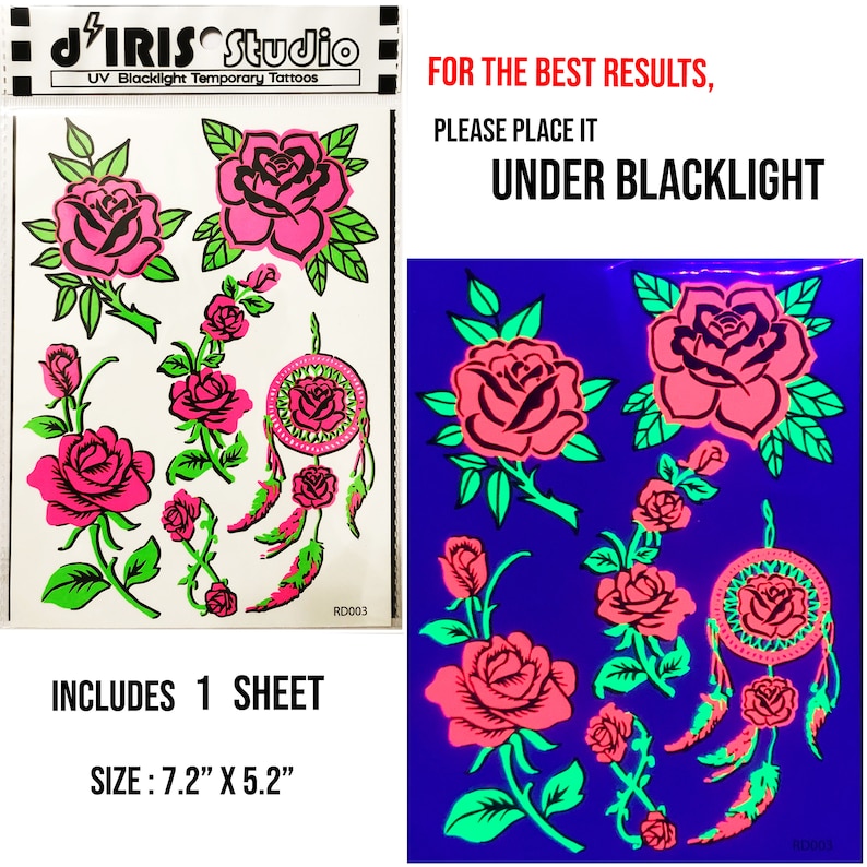 UV Glow in the Dark Party Tattoos Rose Temporary Blacklight Rave Accessories Semipermantent Cover up Sleeve Festival Henna Tattoo image 7