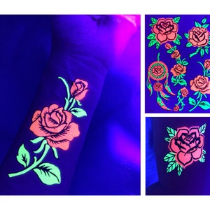 UV Glow in the Dark Party Tattoos Rose Temporary Blacklight Rave Accessories Semipermantent Cover up Sleeve Festival Henna Tattoo image 2