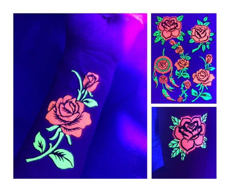 UV Glow in the Dark Party Tattoos Rose Temporary Blacklight Rave Accessories Semipermantent Cover up Sleeve Festival Henna Tattoo image 2