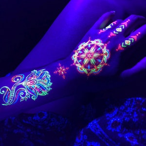 Temporary Tattoos Lotus UV Blacklight Glow in the Dark EDM Party- Floral Rave Body Stickers Costume Neon Stripper Decor Accessories Henna