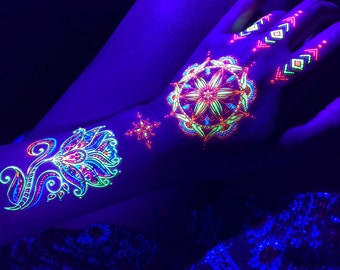 Tatouages temporaires - Fleur de lotus UV Blacklight réactive phosphorescente, fête - Accessoires floraux mandalas Rave Festival, tatouage de fleurs au henné