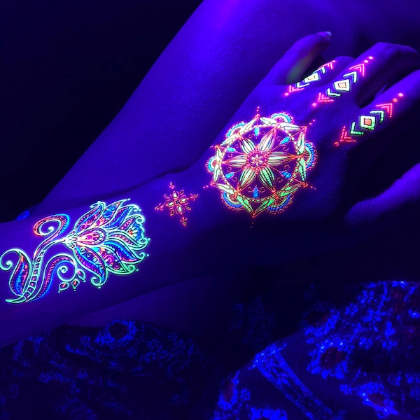 Temporäre Tattoos-Lotus Blume UV Schwarzlicht Reaktiv Glow in the Dark Party Mandala Rave Accessoires Festival Henna Blumen Tattoo