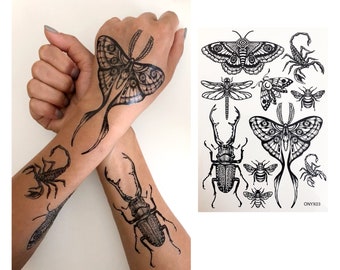 Temporary Tattoos- 1 Sheet - Moth Beetle Scorpion Bee Dragonfly Insect Tattoos