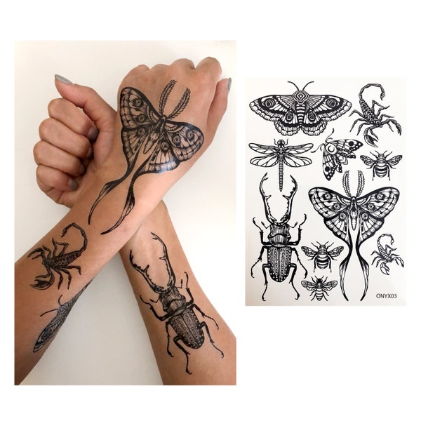 Temporary Tattoos- 1 Sheet - Moth Beetle Scorpion Bee Dragonfly Insect Tattoos