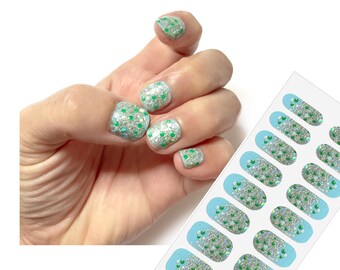 Aqua Green -Self-Adhesive DIY Art Full Nail Wraps Stickers with Holographic and Emerald Silver Stones Nail Polish Strips For Women and Girls