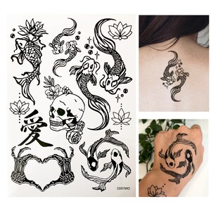 Temporary Tattoos- 1 Sheet - Koi Fish Kanji Love Heart Skeleton Skull Tattoos