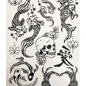 Temporary Tattoos- 1 Sheet - Koi Fish Kanji Love Heart Skeleton Skull Tattoos