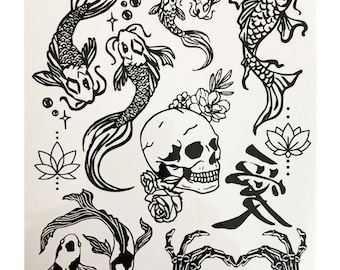 May include: Black and white temporary tattoo sheet with a skull, flowers, koi fish, and a heart made of skeletal hands. The sheet also includes the Japanese word "愛" which means "love".