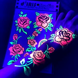 UV Glow in the Dark Party Tattoos- Rose Temporary Blacklight Rave Accessories Semipermantent Cover up Sleeve Festival Henna Tattoo