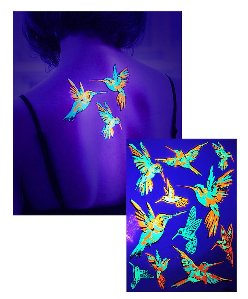 UV Blacklight Reactive Tattoos Hummingbird Temporary Rave Etsy