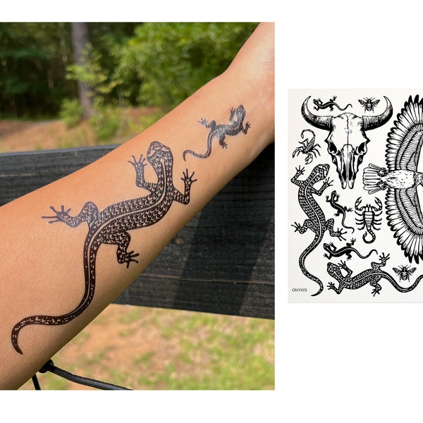 Temporary Tattoos- 1 Sheet - Gecko Lizard Hawk Eagle Bird Bison Buffalo Skull Scorpion Bee Tattoos
