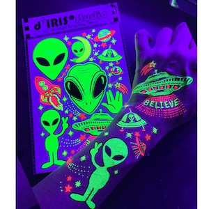 Temporary Tattoos UV Blacklight Glow in the Dark EDM Party- Alien UFO Stars Space Rave Body Stickers Costume Neon Stripper Decor Accessories