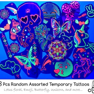 UV Glow in the Dark Party Tattoos- 18 Random Handcut Temporary Tattoos with Nail Sticker Blacklight Rave Accessories