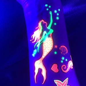 UV Glow in the Dark Party Tattoos Mermaid Dolphin Temporary Blacklight Rave Accessories Cover up Sleeve Festival Henna Star Tattoo image 3