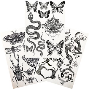 Temporary Tattoos- 3 Sheets - Snake Butterfly Moth Beetles Scorpion Bee Koi Fish Kanji Love Heart Skeleton Skull Tattoos
