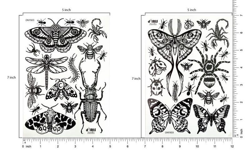 May include: Two rectangular sheets of black and white temporary tattoos featuring various insects and arachnids. Each sheet measures 5 inches by 7 inches and displays detailed illustrations of moths, butterflies, beetles, spiders, scorpions, and bees.