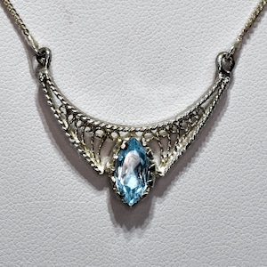 Art Deco Sterling Filigree Rhinestone Pendant Necklace; Faux Blue Topaz