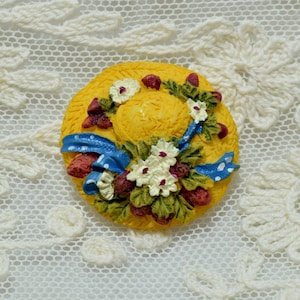 Vintage Realistic Button; Hat with Flowers