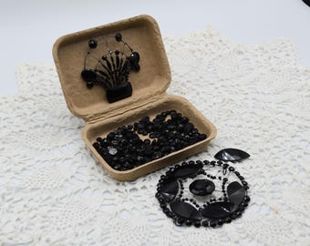 Victorian French Jet Black Glass Appliques and Beads for Repair or Repurpose