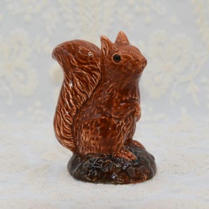 May include: A brown ceramic squirrel ornament. The squirrel is depicted standing, with its bushy tail arched. The figurine has a glossy finish and is set on a dark brown base. The squirrel's eyes are black. A decorative item.